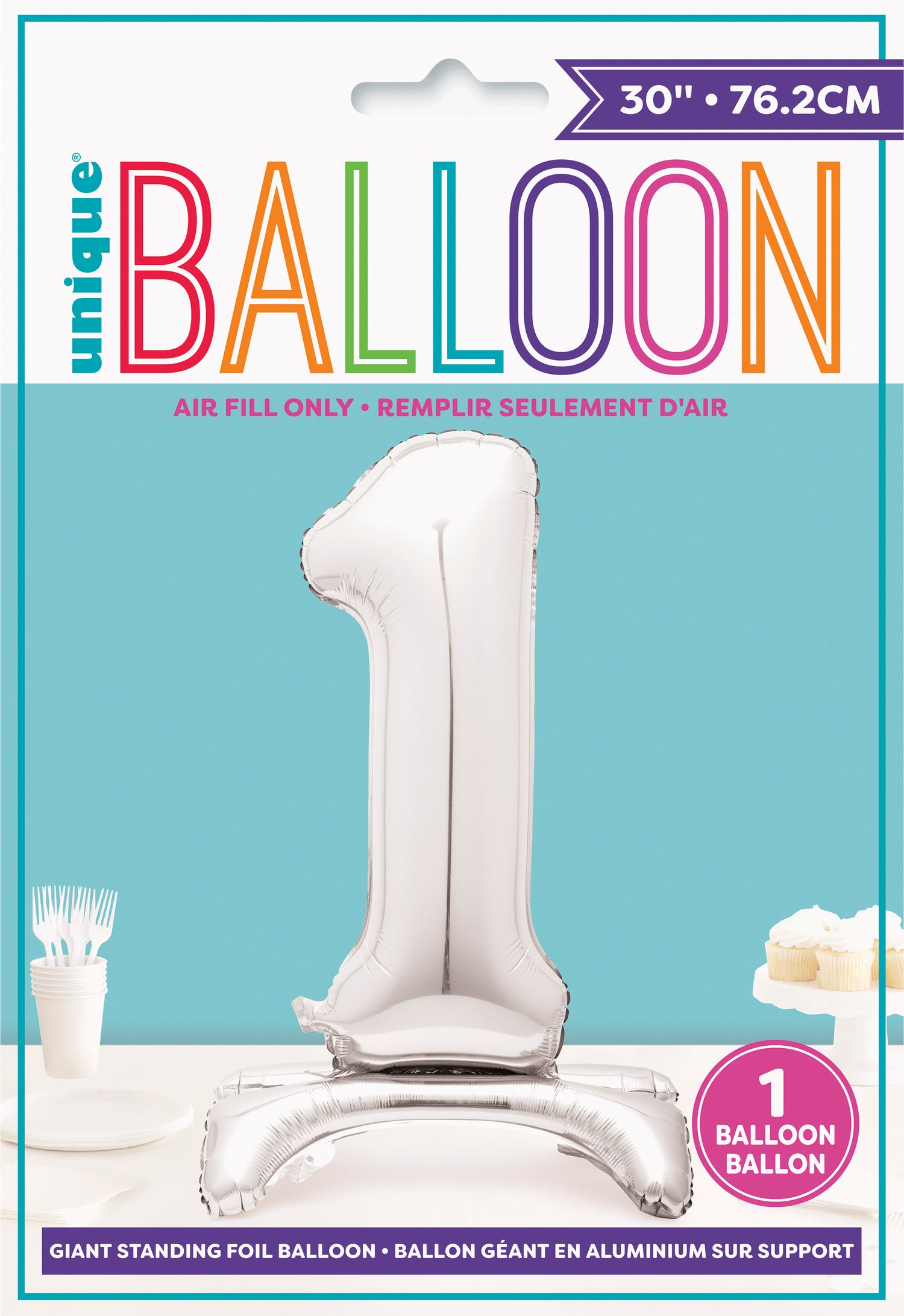Silver Number 1 Shaped Standing Foil Balloon 30", Packaged - Image 2