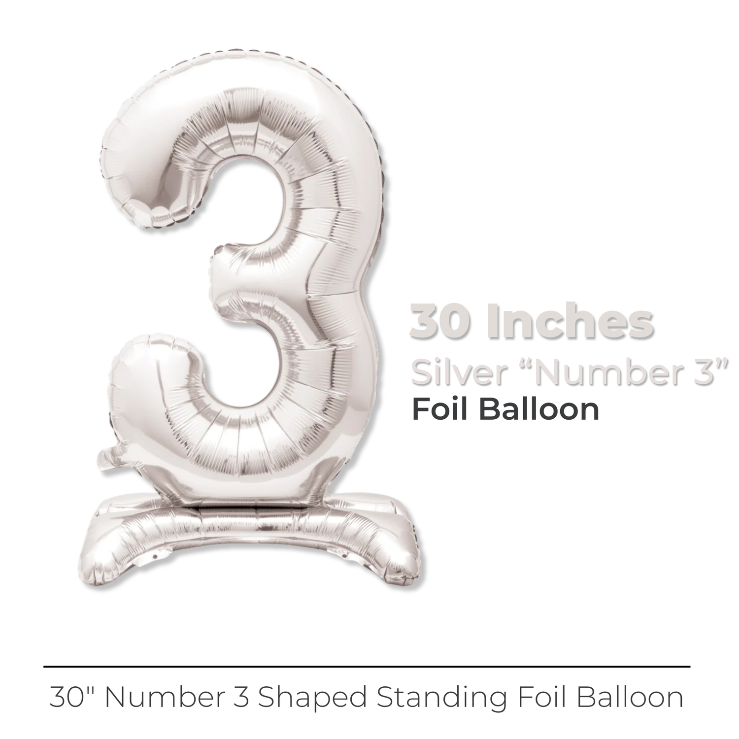 Silver Number 3 Shaped Standing Foil Balloon 30", Packaged