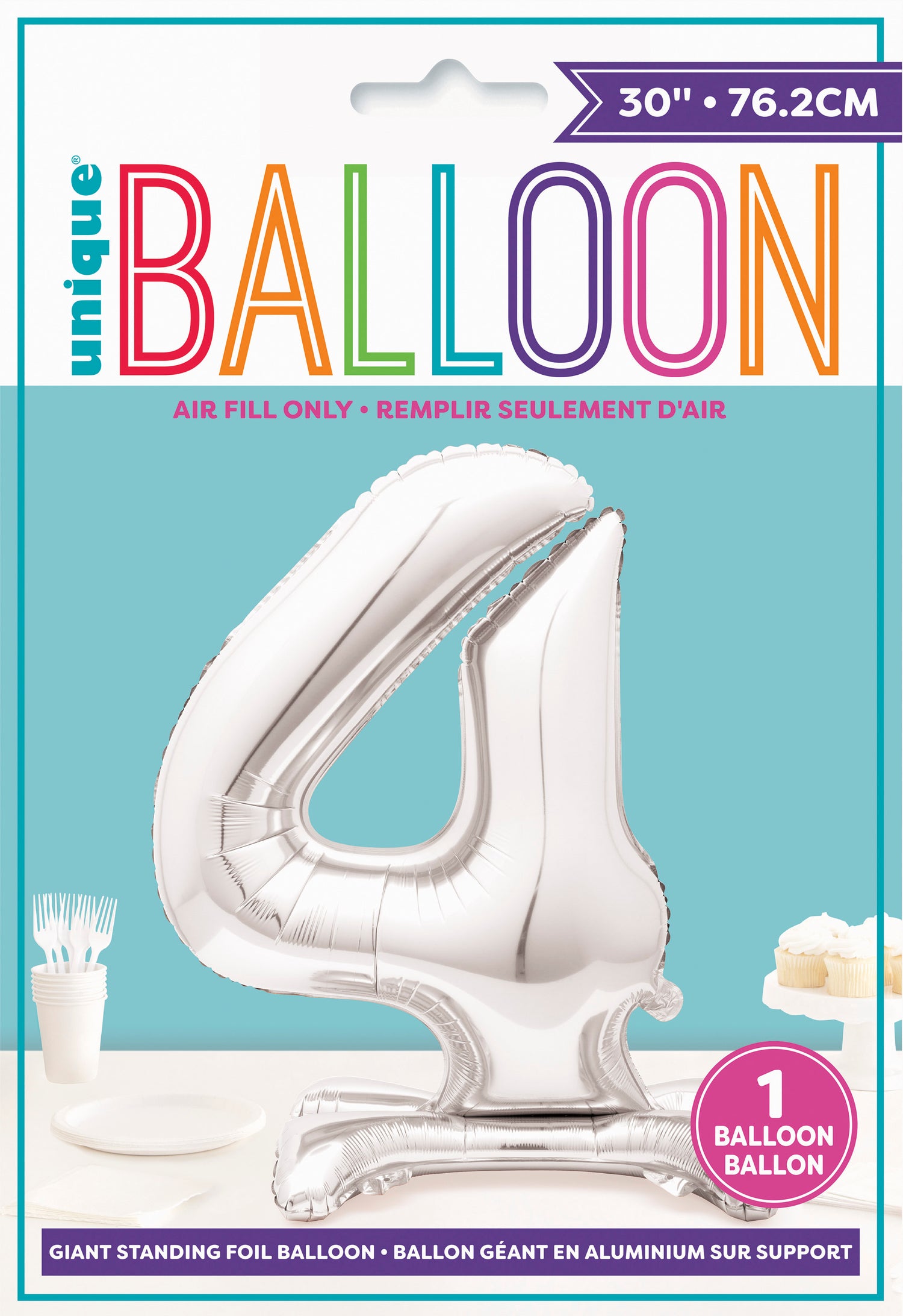 Silver Number 4 Shaped Standing Foil Balloon 30", Packaged - Image 2