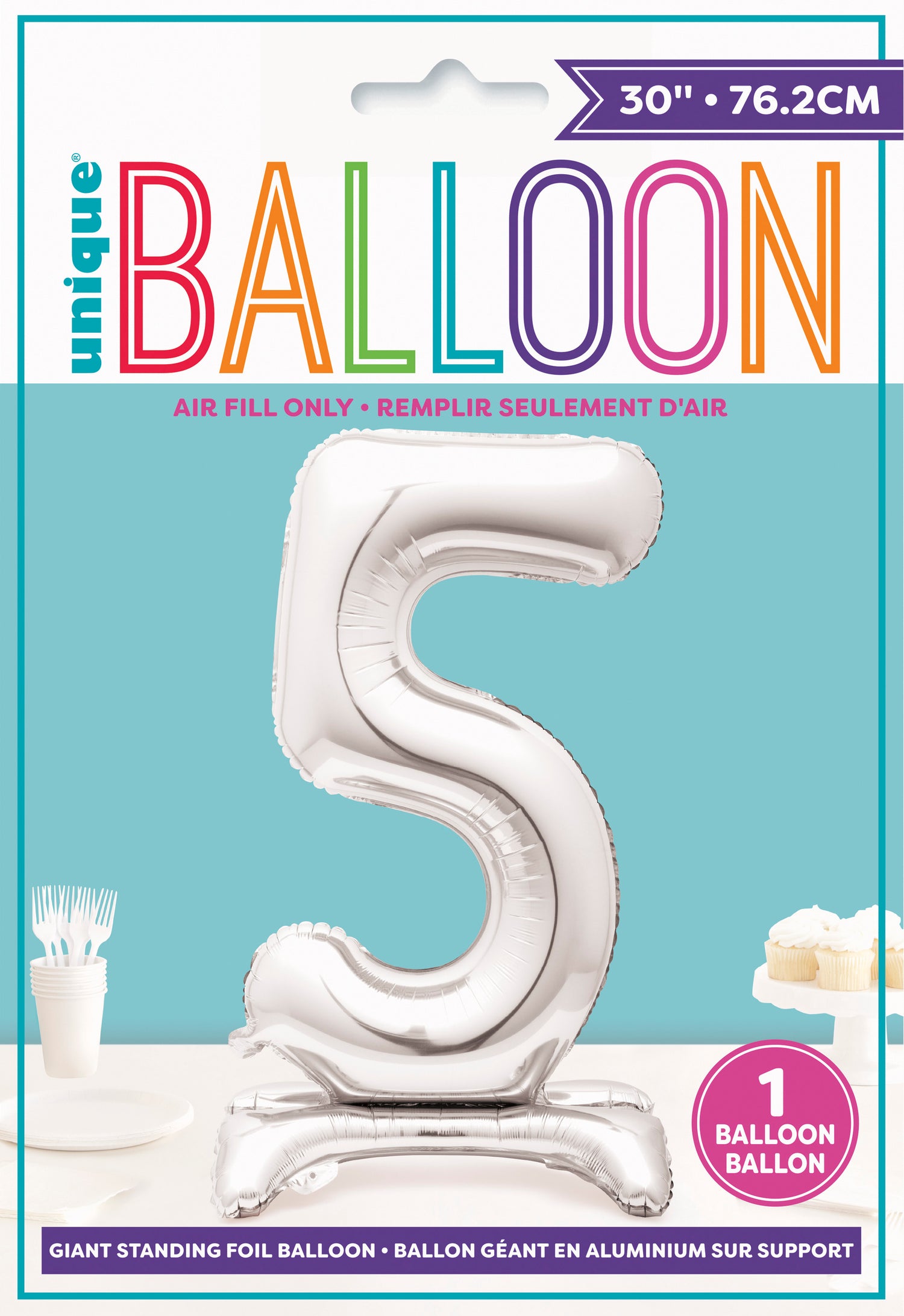 Silver Number 5 Shaped Standing Foil Balloon 30", Packaged