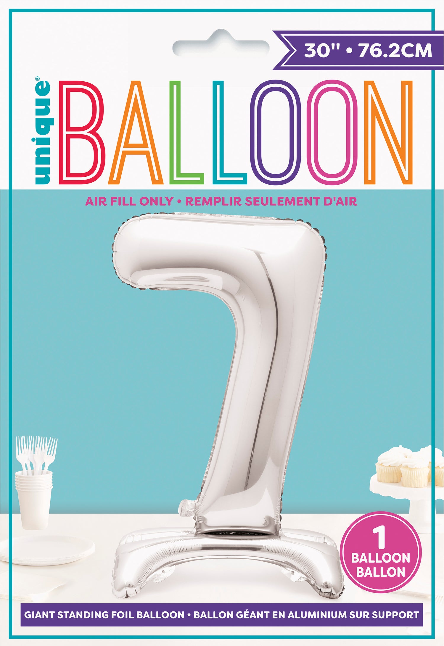 Silver Number 7 Shaped Standing Foil Balloon 30", Packaged - Image 2