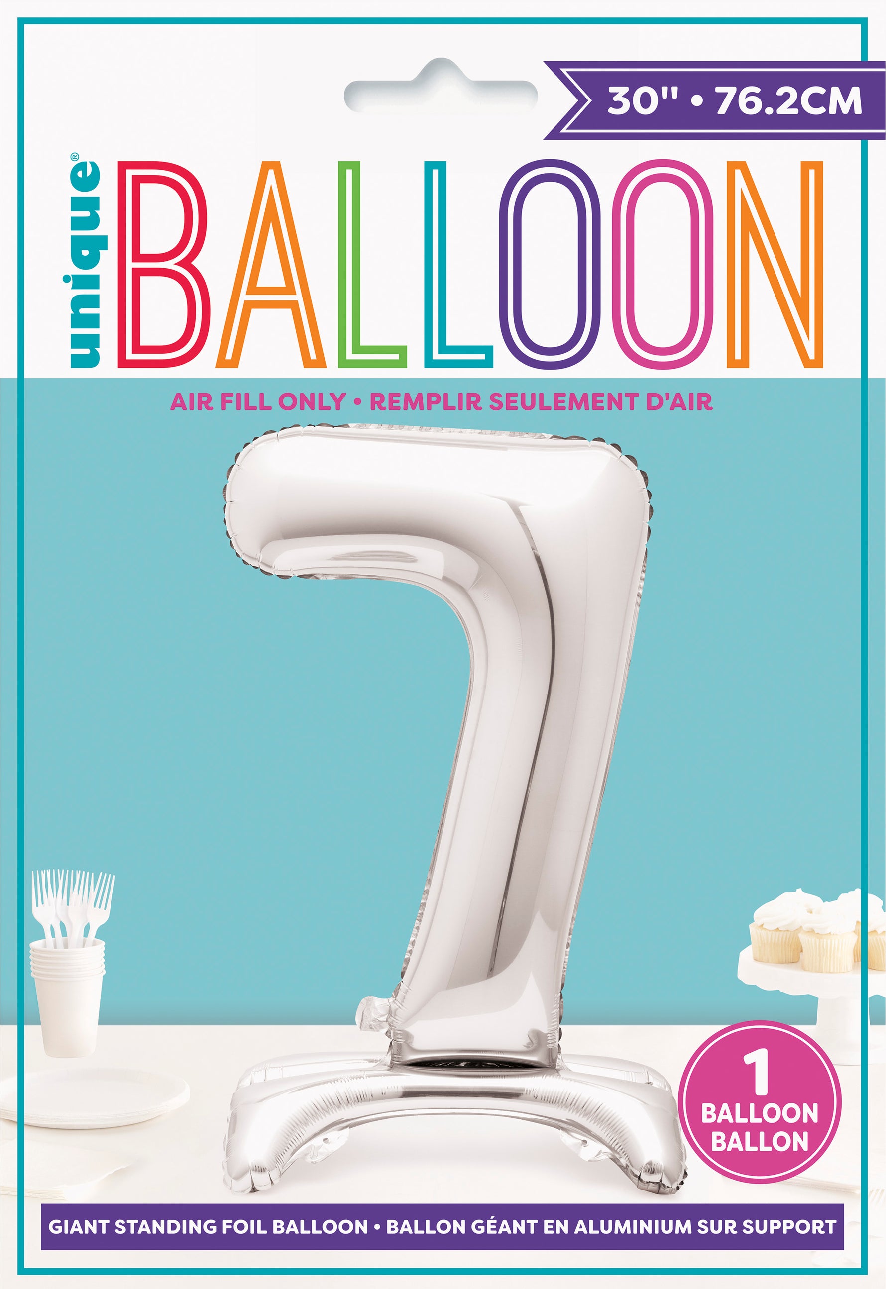 Silver Number 7 Shaped Standing Foil Balloon 30", Packaged - Image 2