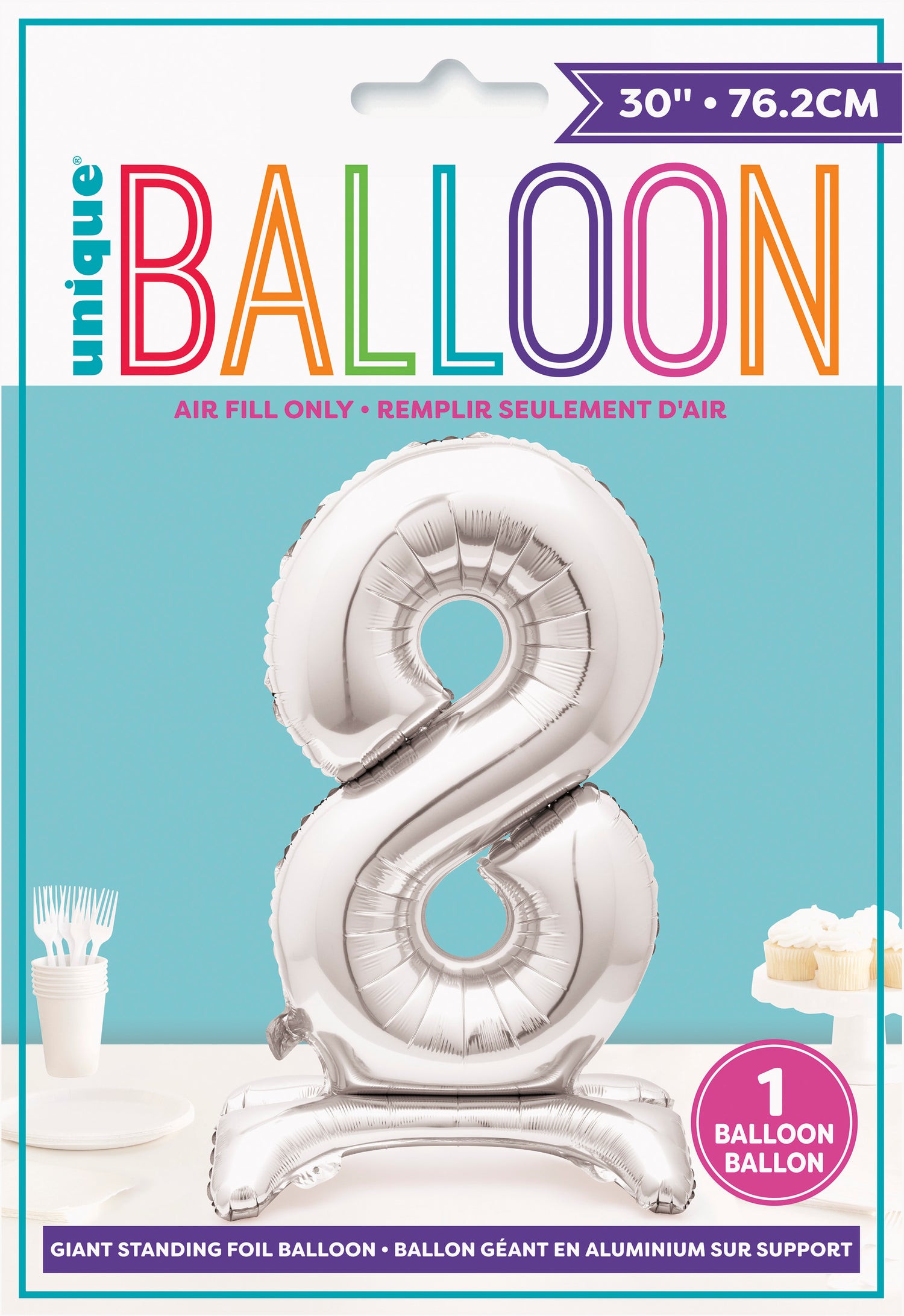 Silver Number 8 Shaped Standing Foil Balloon 30", Packaged