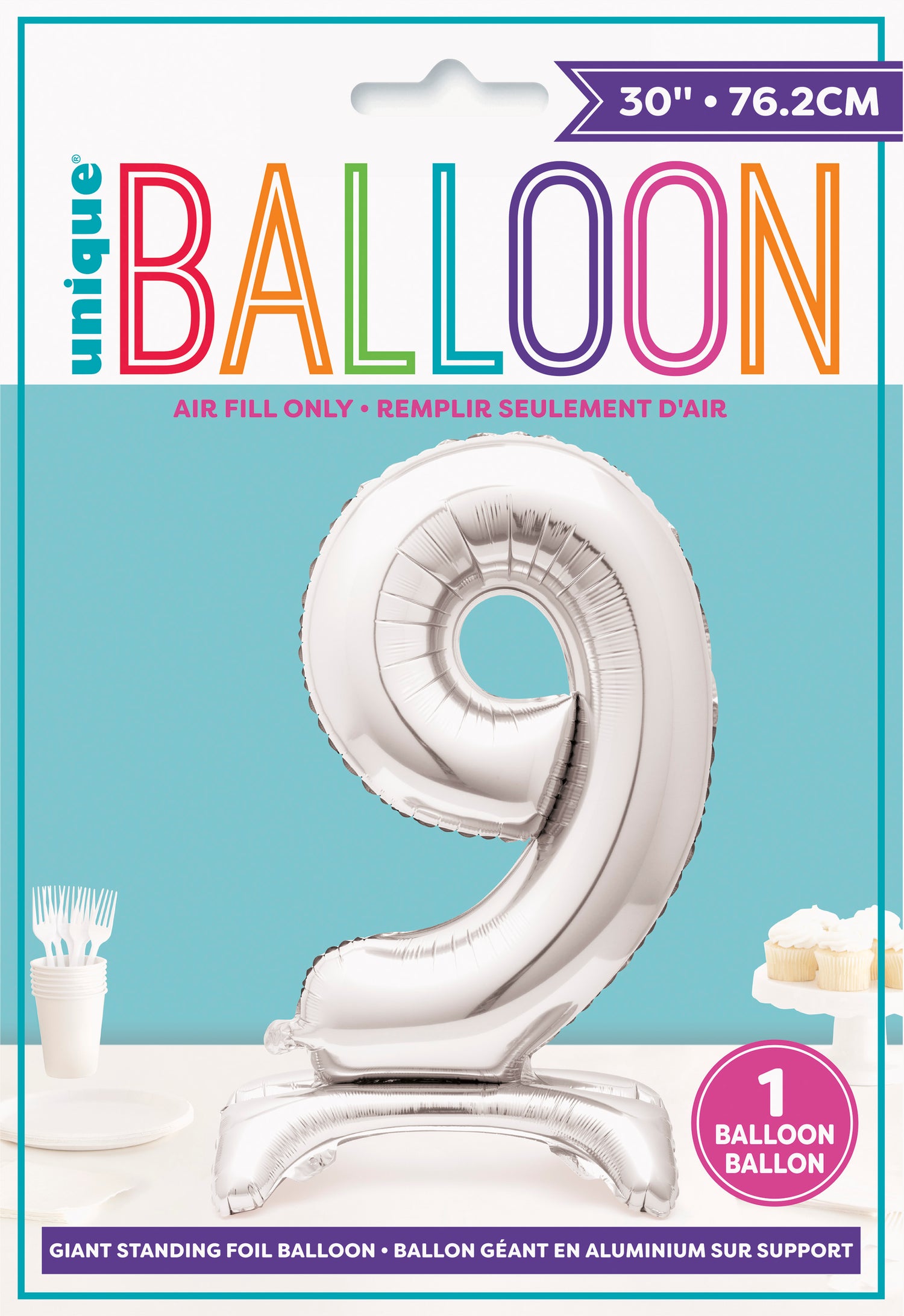 Silver Number 9 Shaped Standing Foil Balloon 30", Packaged - Image 2