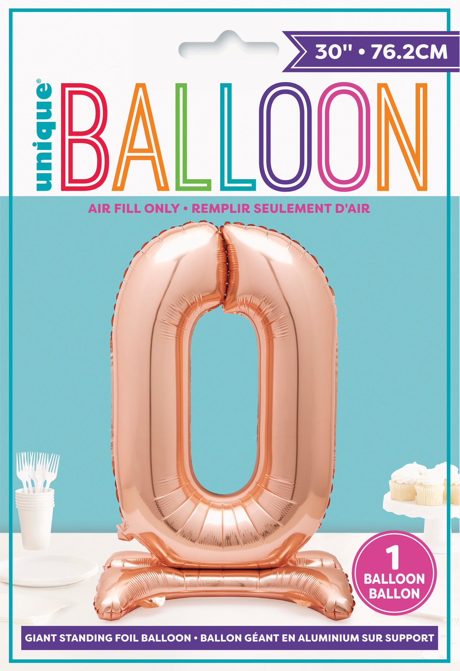 Rose Gold Number 0 Shaped Standing Foil Balloon 30", Packaged - Image 2