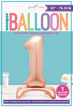Rose Gold Number 1 Shaped Standing Foil Balloon 30", Packaged - Image 2