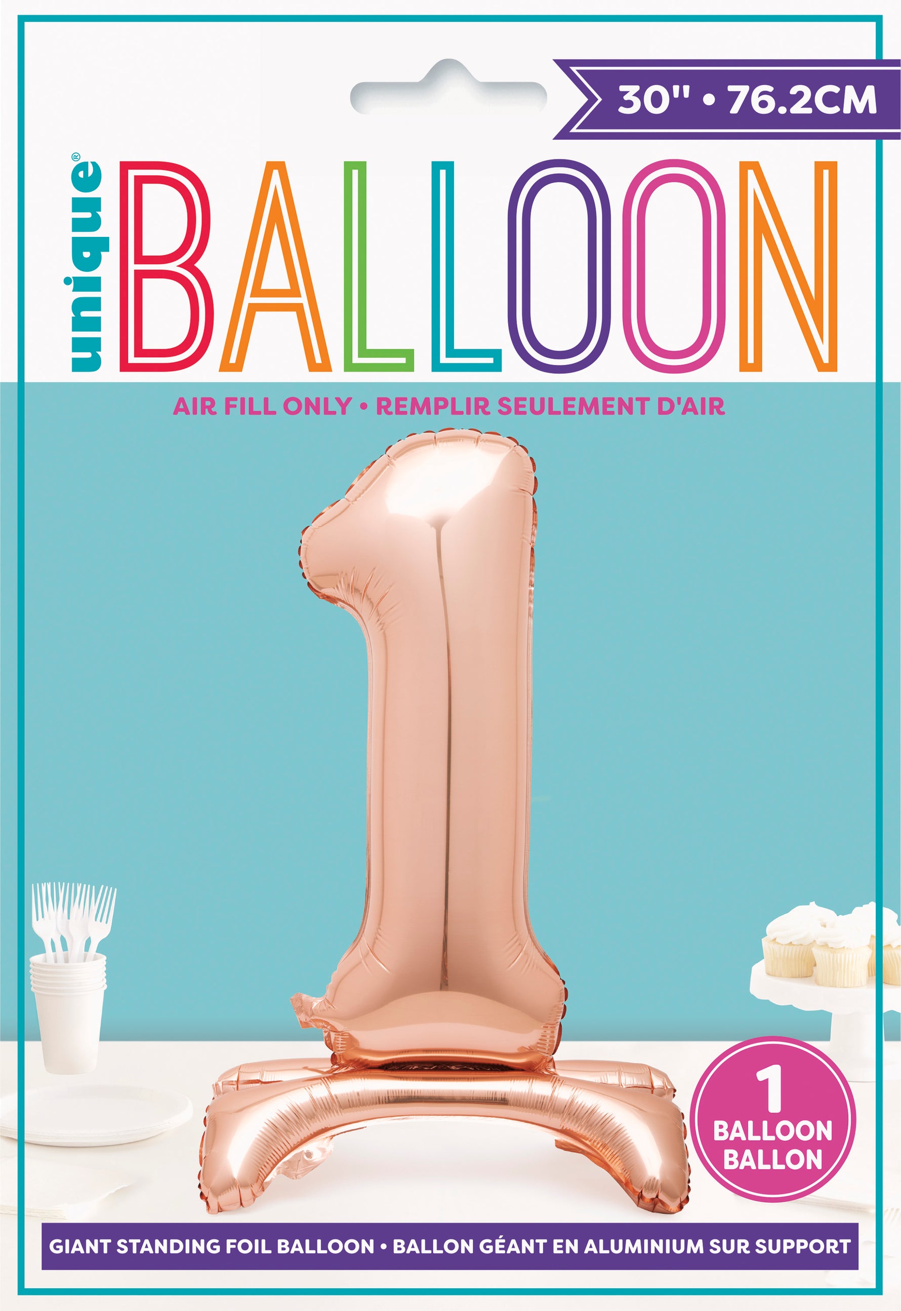 Rose Gold Number 1 Shaped Standing Foil Balloon 30", Packaged - Image 2