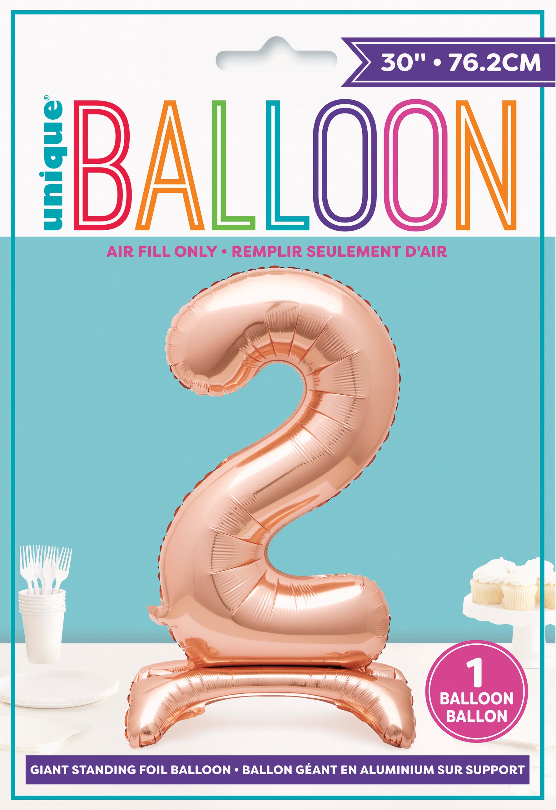 Rose Gold Number 2 Shaped Standing Foil Balloon 30", Packaged