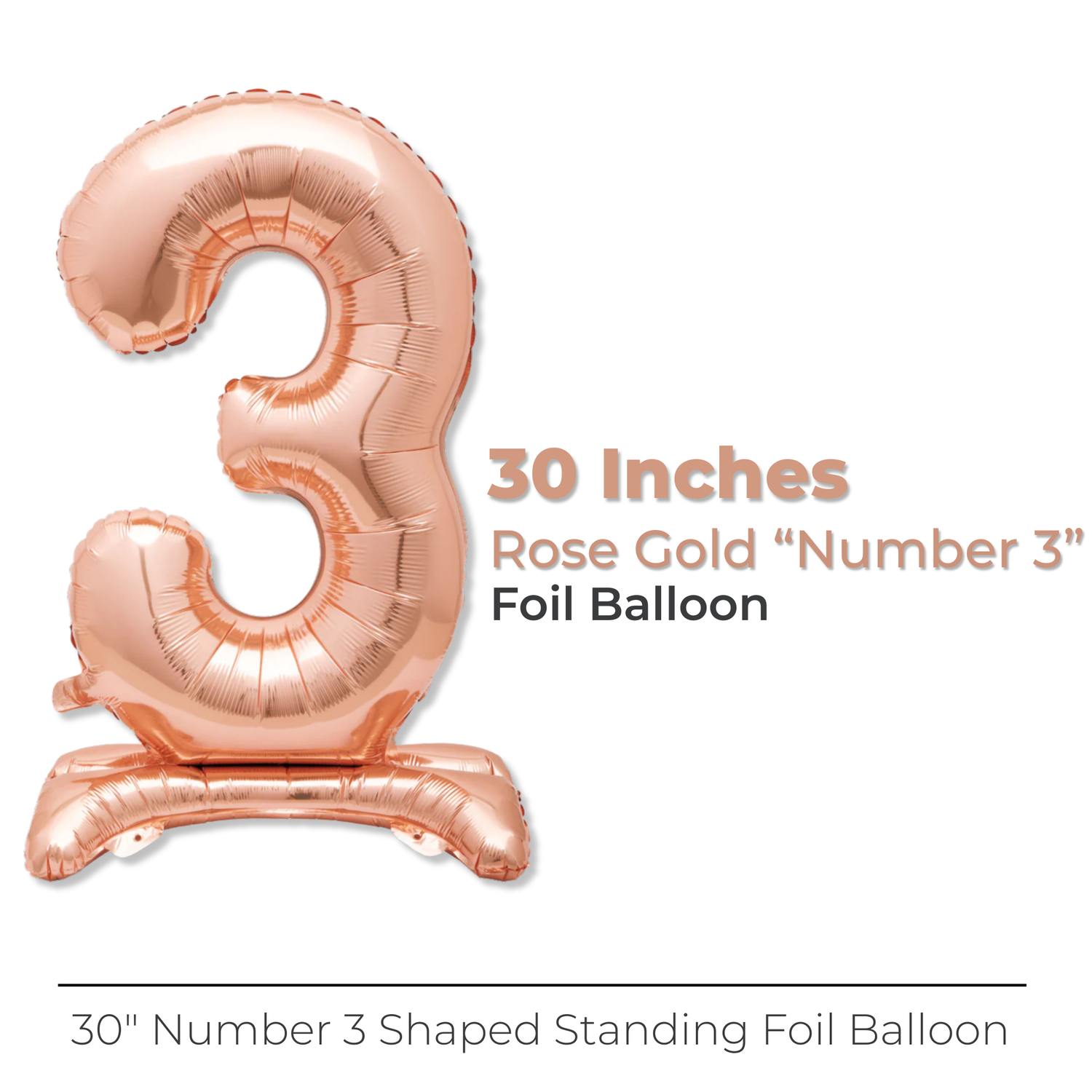Rose Gold Number 3 Shaped Standing Foil Balloon 30", Packaged