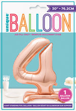Rose Gold Number 4 Shaped Standing Foil Balloon 30", Packaged - Image 2