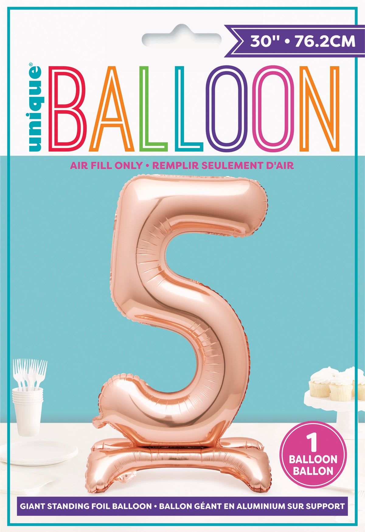 Rose Gold Number 5 Shaped Standing Foil Balloon 30", Packaged