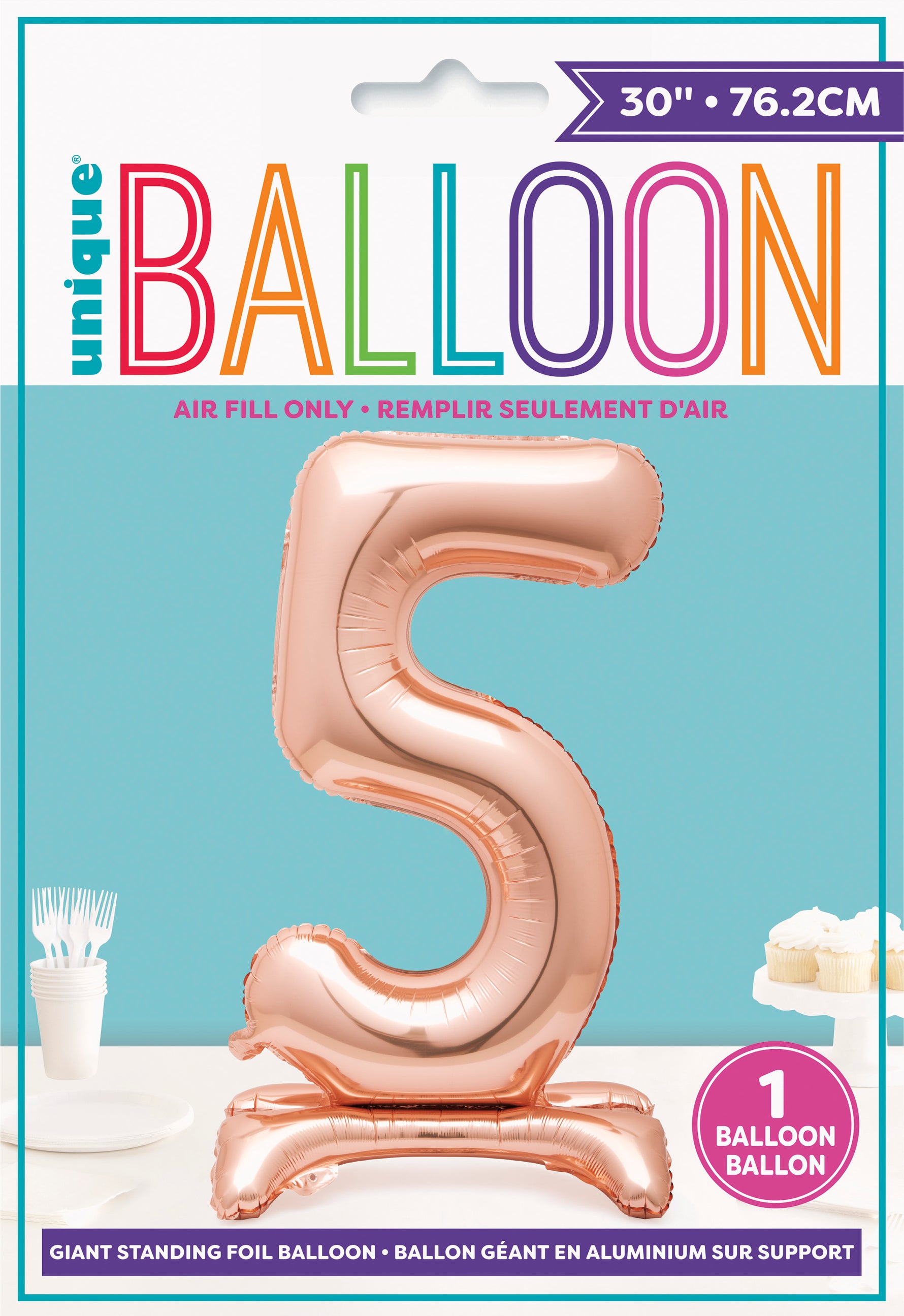 Rose Gold Number 5 Shaped Standing Foil Balloon 30", Packaged