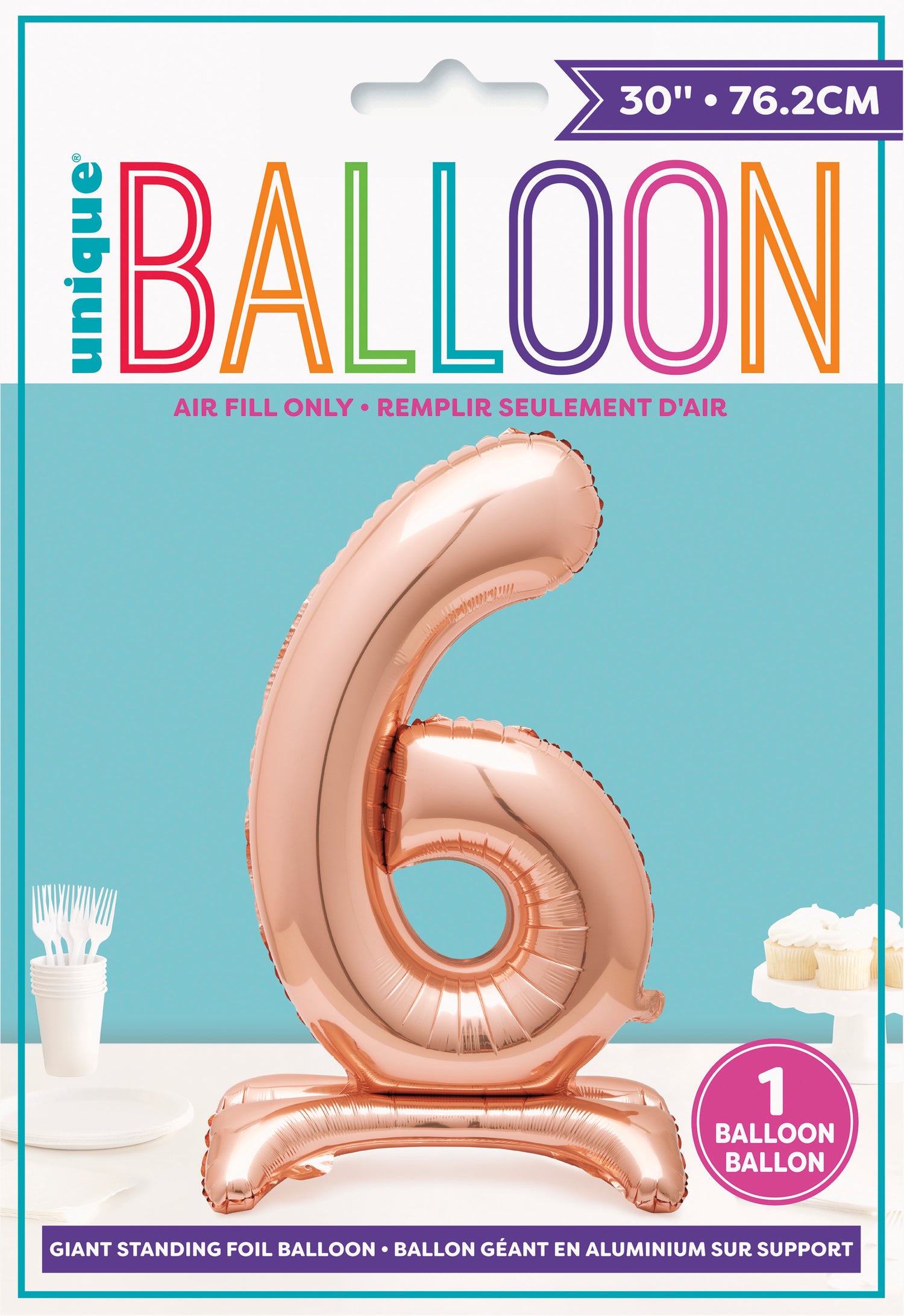 Rose Gold Number 6 Shaped Standing Foil Balloon 30", Packaged - Image 2