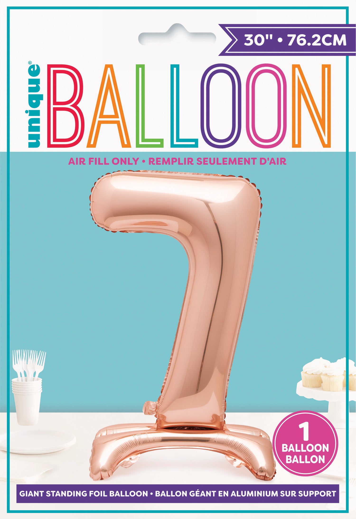 Rose Gold Number 7 Shaped Standing Foil Balloon 30", Packaged