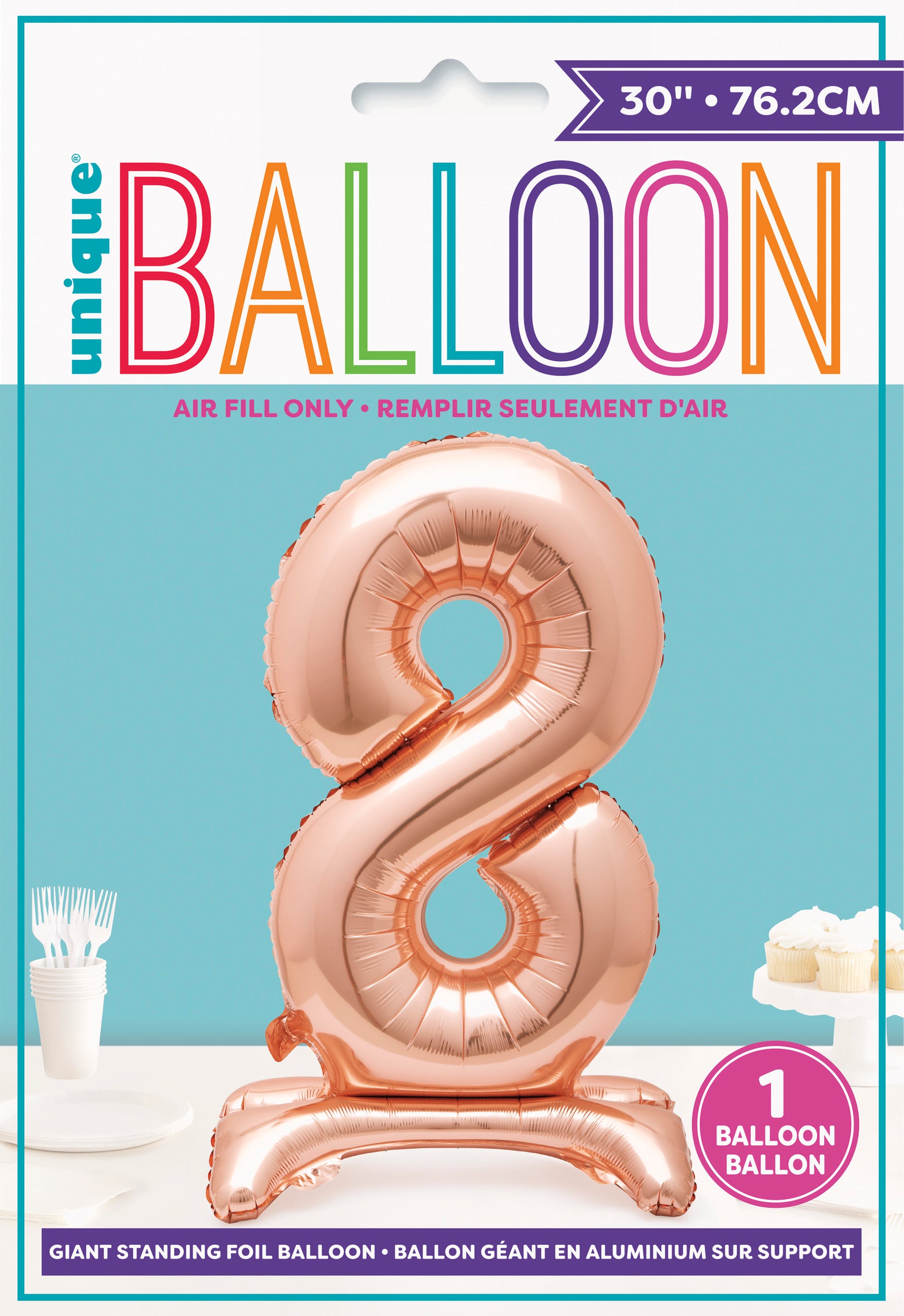 Rose Gold Number 8 Shaped Standing Foil Balloon 30", Packaged - Image 2