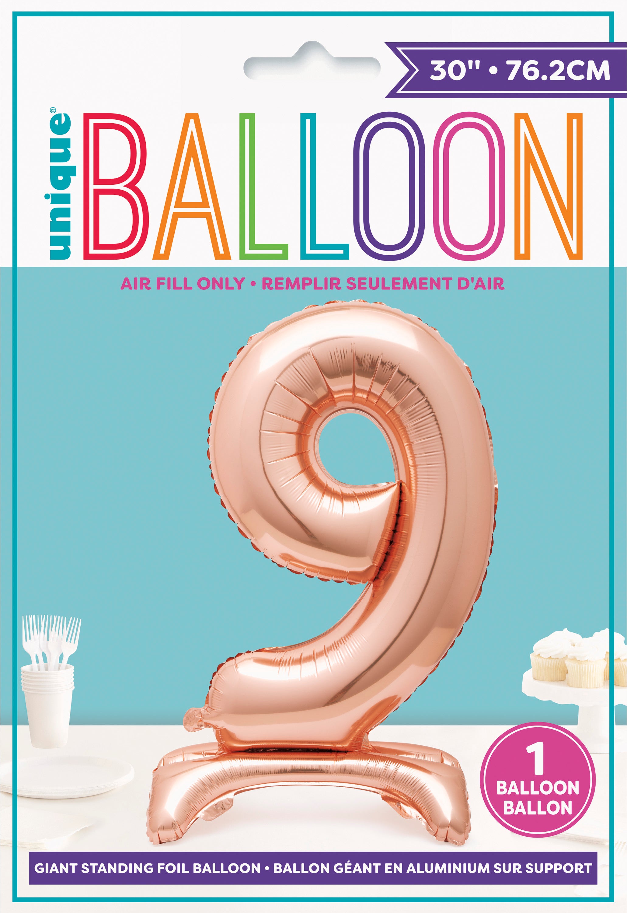 Rose Gold Number 9 Shaped Standing Foil Balloon 30", Packaged