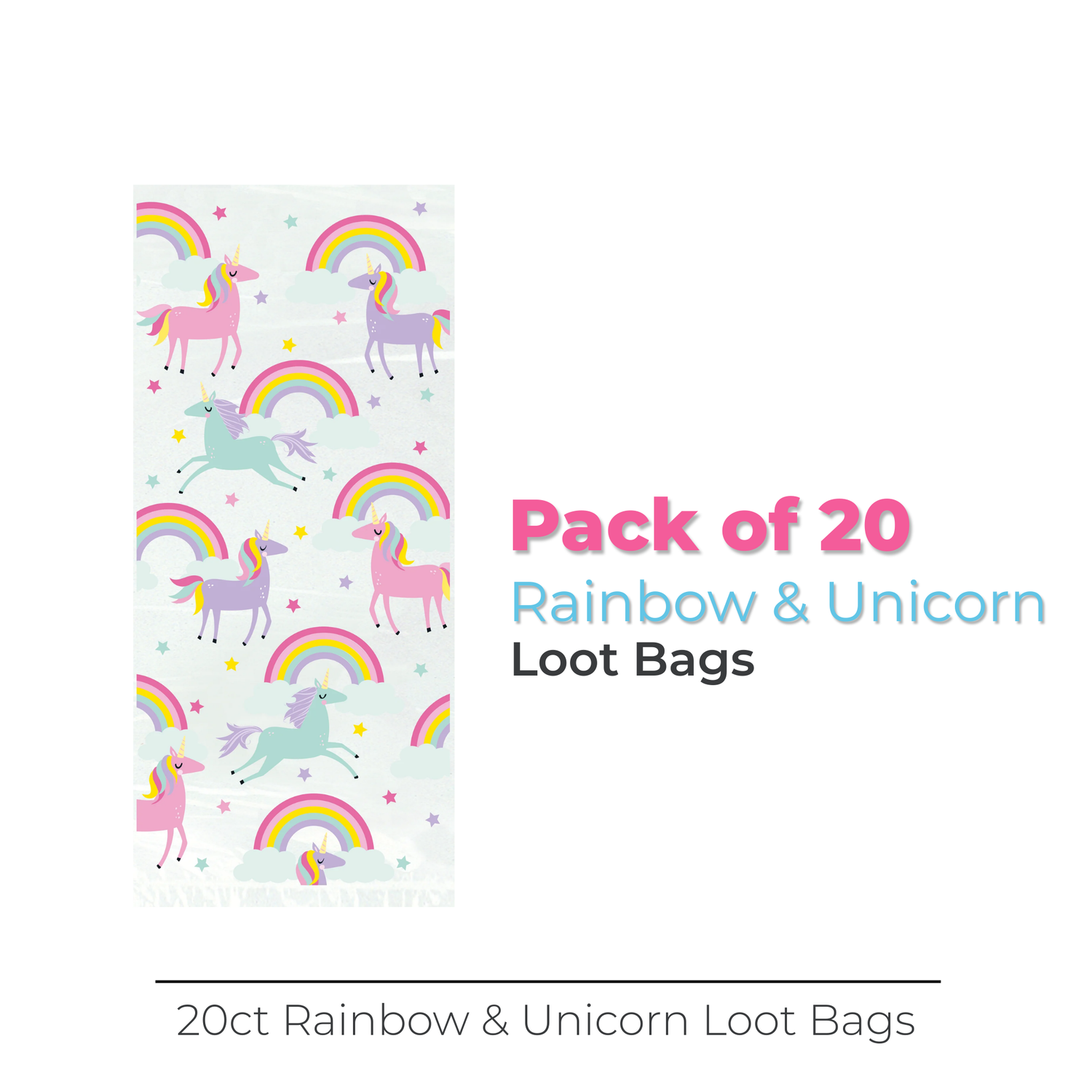 Rainbow & Unicorn Cellophane Bags, 20ct