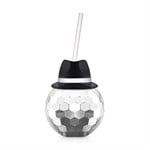 Black Fedora Hat Silver Disco Ball Cup with Straw