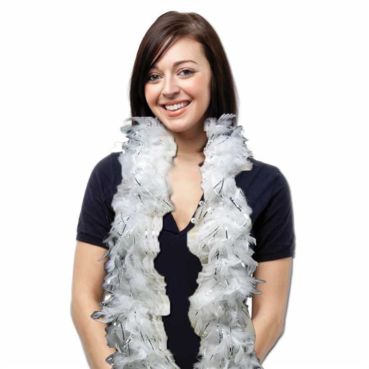 White Feather Boa With Silver Tinsel