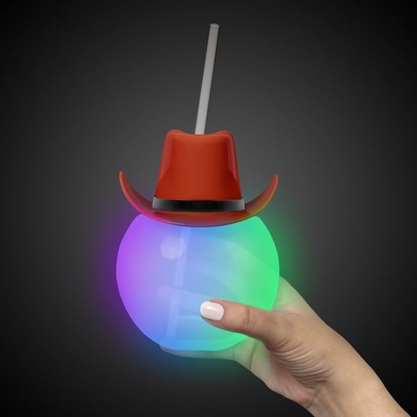 LED Brown Cowboy Hat 20 oz. Ball Cup with Straw