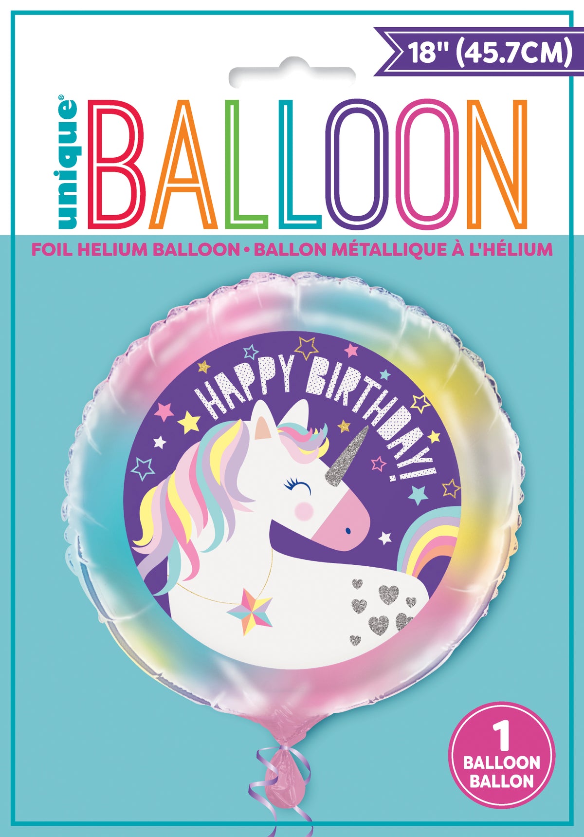 Unicorn Round Foil Balloon 18", Packaged - Image 2