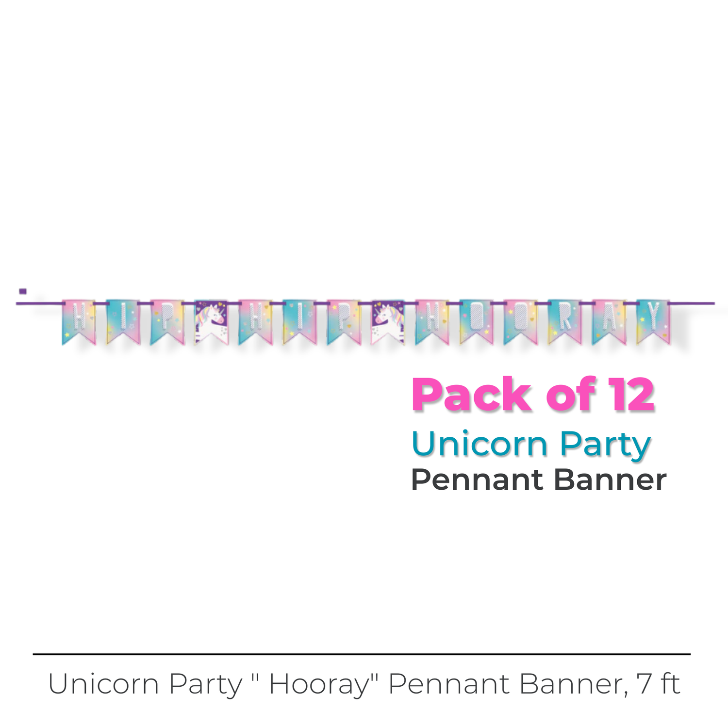 Unicorn Party "Hip Hip Hooray" Pennant Banner, 7 ft