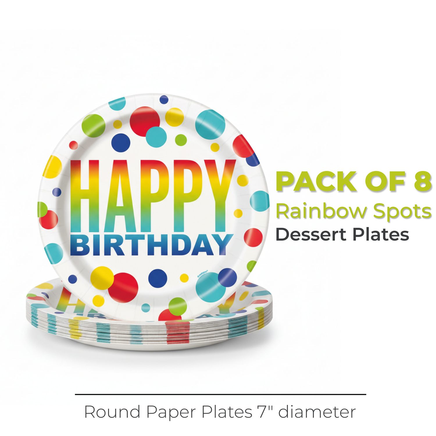 Rainbow Spots Birthday Round 7" Dessert Plates, 8ct