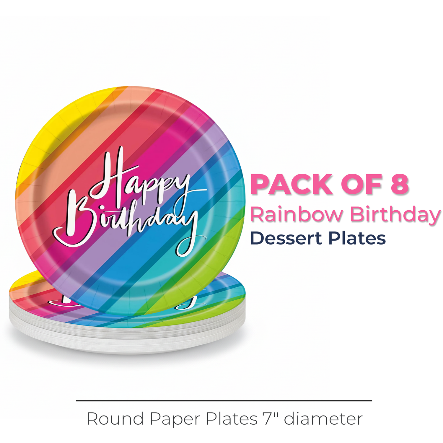 Balloons & Rainbow Birthday Round 7" Dessert Plates, 8ct