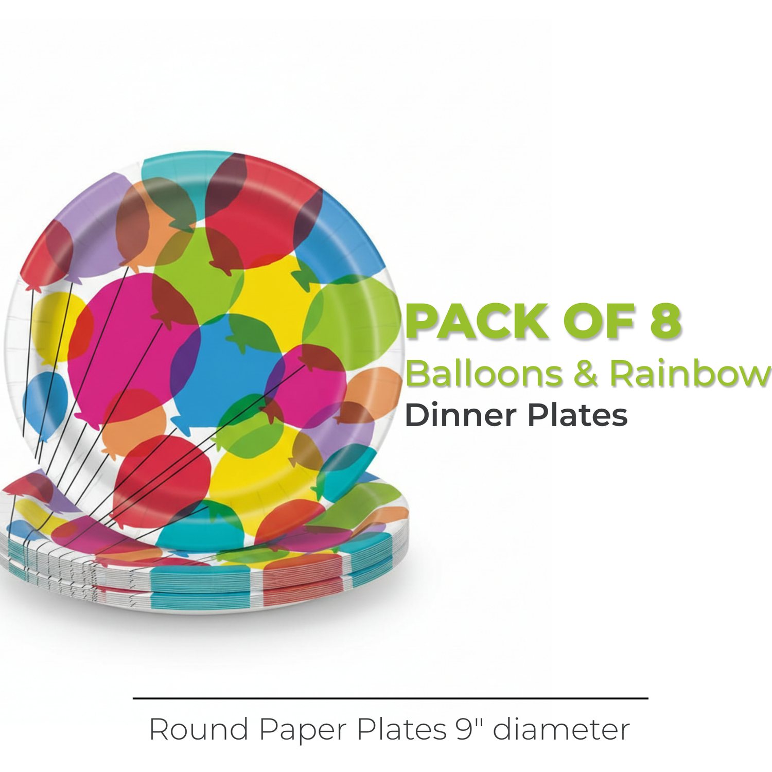 Balloons & Rainbow Birthday Round 9" Dinner Plates, 8ct