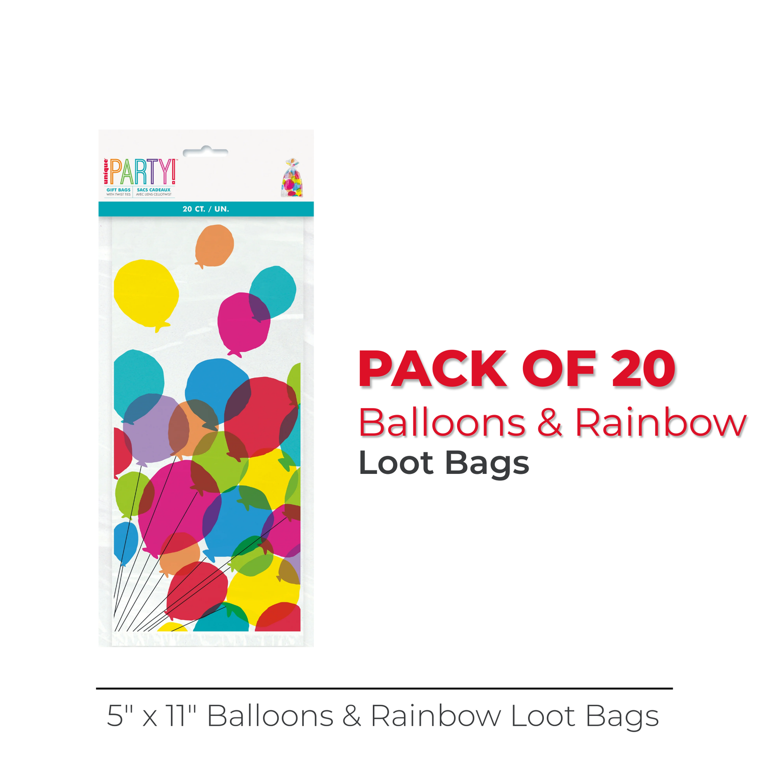 Balloons & Rainbow Birthday Cellophane Bags, 5" x 11", 20ct