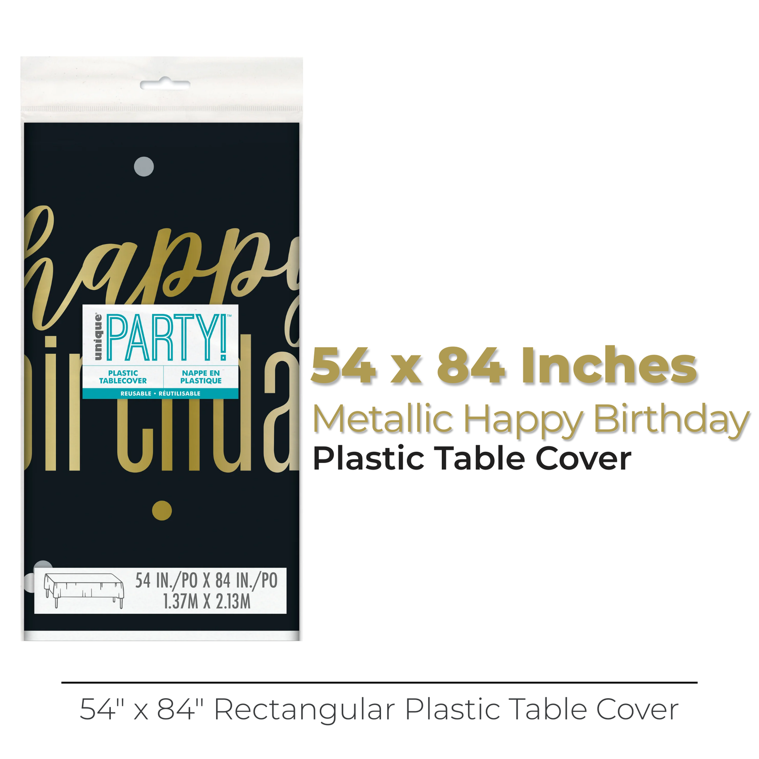 Metallic Happy Birthday Rectangular Plastic Table Cover, 54" x 84"