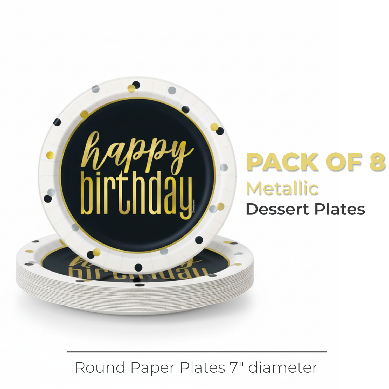 Metallic Happy Birthday Round 7" Dessert Plates, 8ct - Foil Board