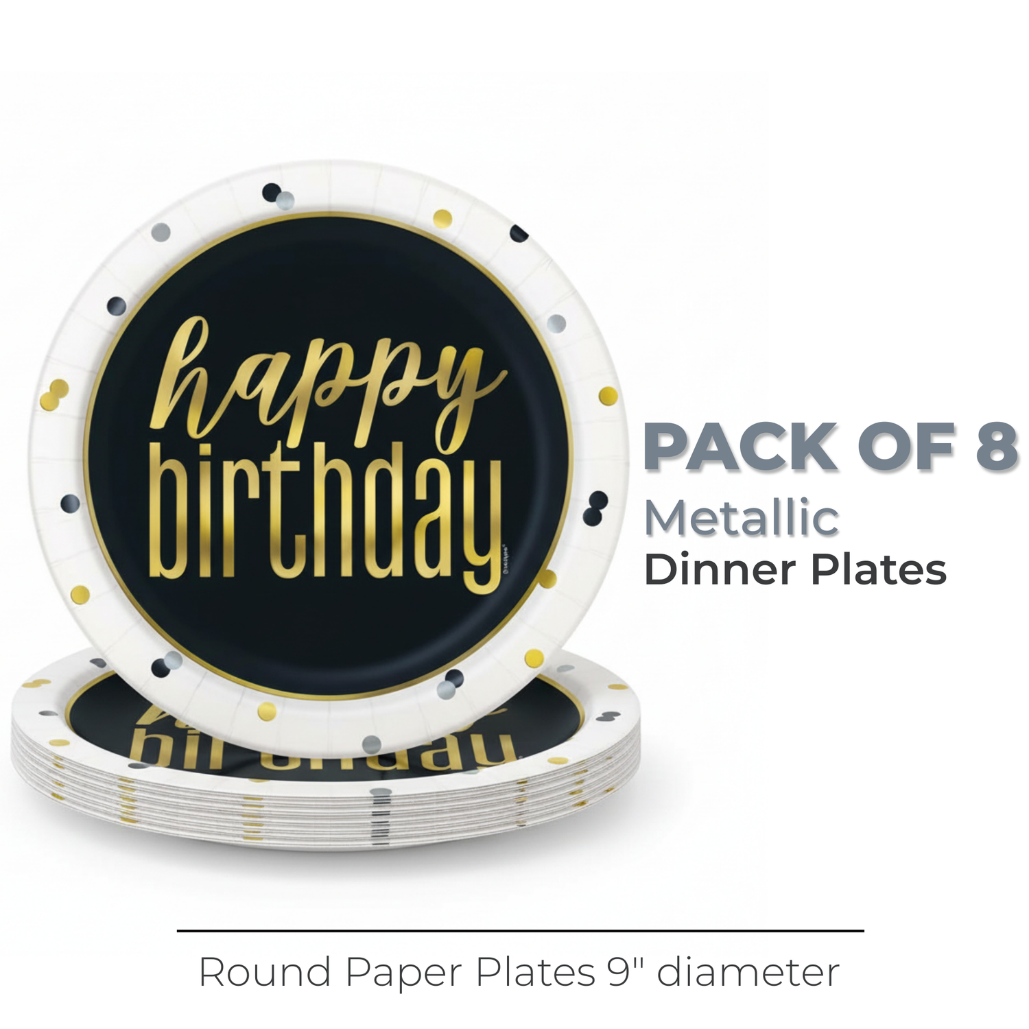 Metallic Happy Birthday Round 9" Dinner Plates, 8ct - Foil Stamping