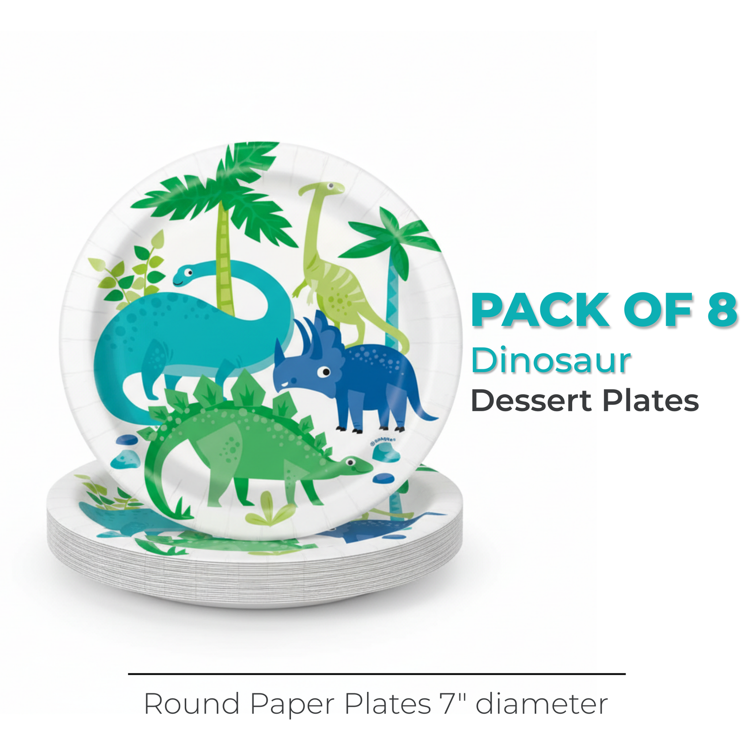 Blue & Green Dinosaur Round 7" Dessert Plates, 8ct