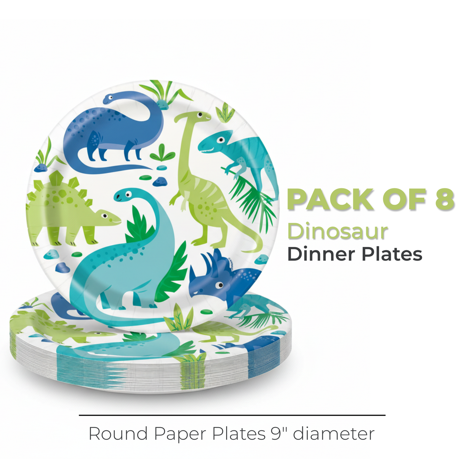 Blue & Green Dinosaur Round 9" Dinner Plates, 8ct
