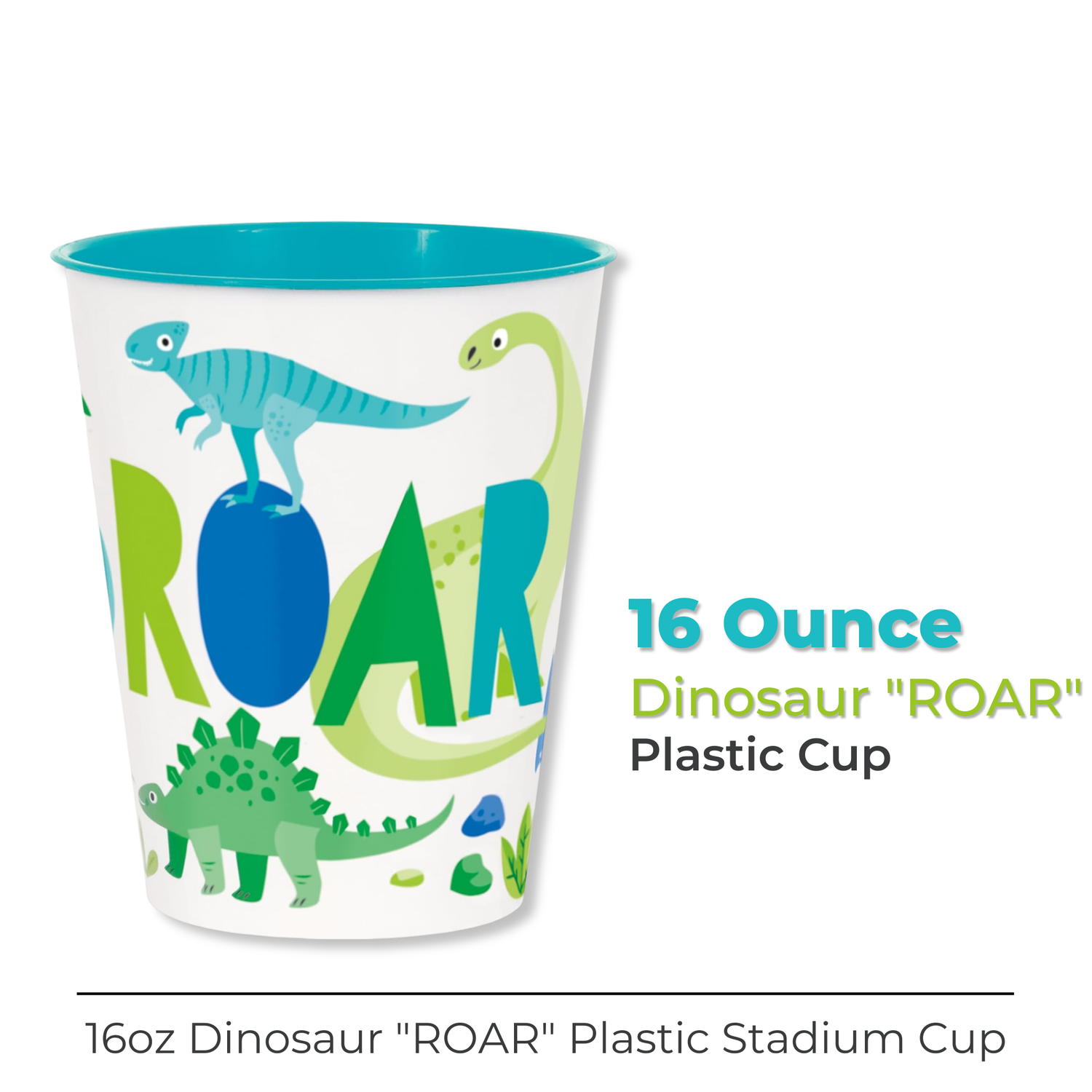 Blue & Green Dinosaur "ROAR" 10oz Plastic Stadium Cups, 4ct
