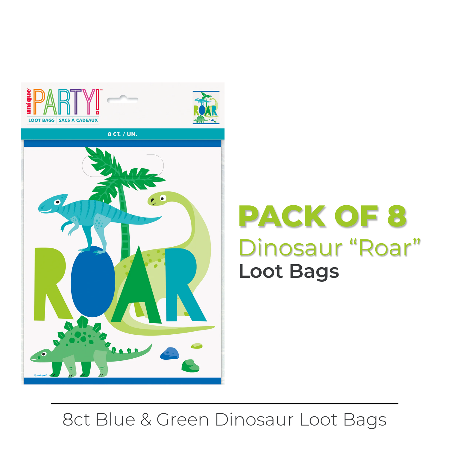 Blue & Green Dinosaur Loot Bags, 8ct