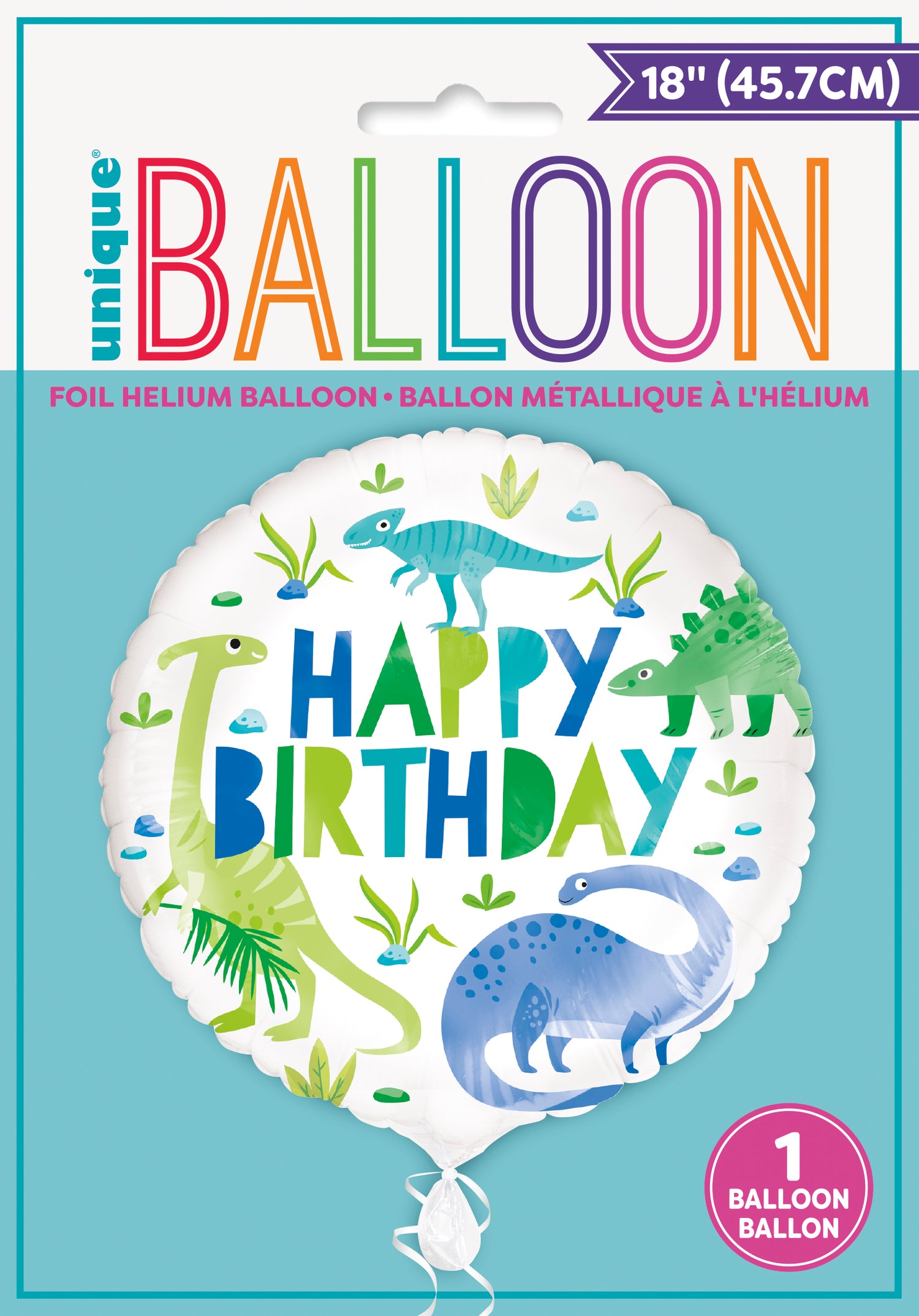 Blue & Green Dinosaur Round Foil Balloon 18", Package