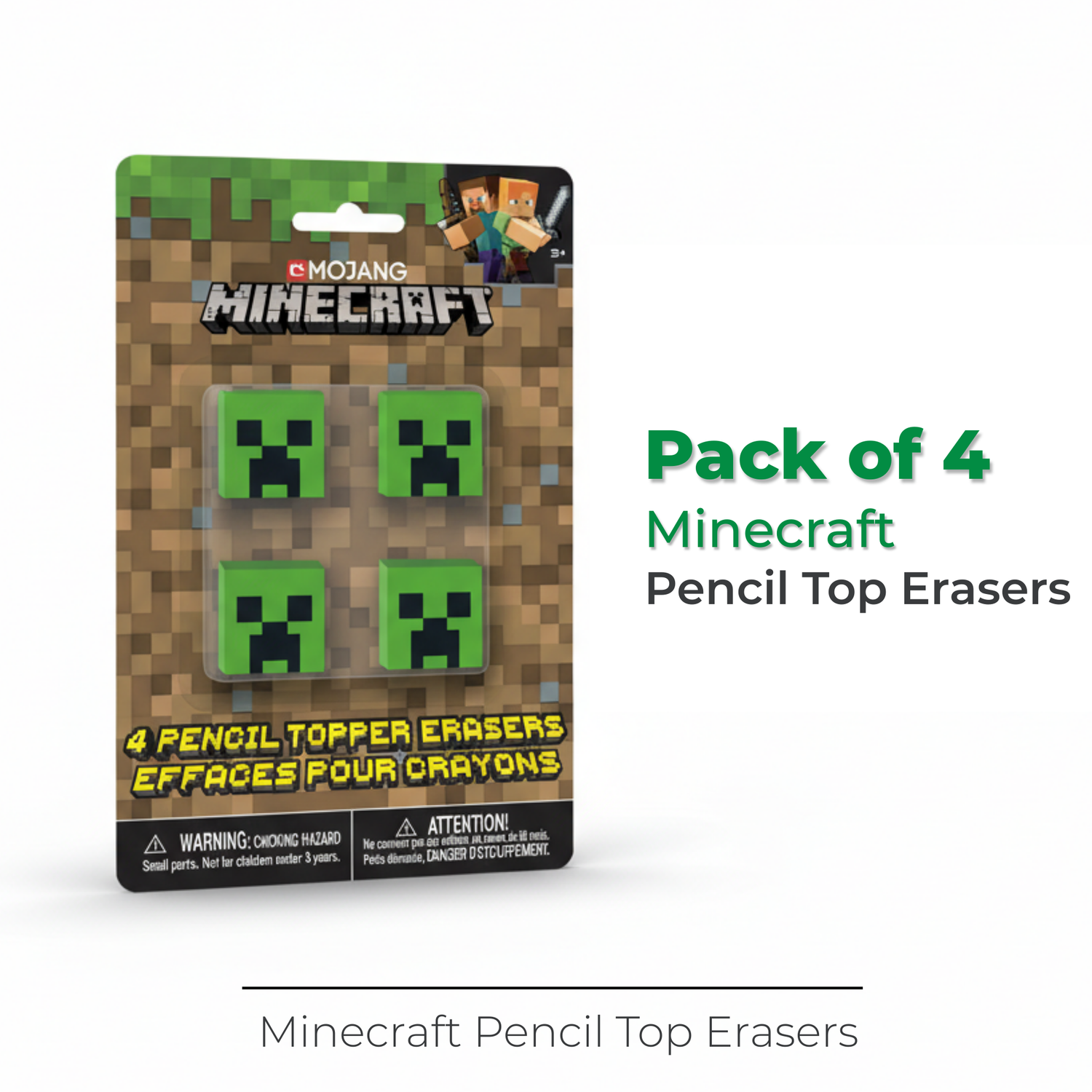 Minecraft Pencil Top Erasers, 4ct
