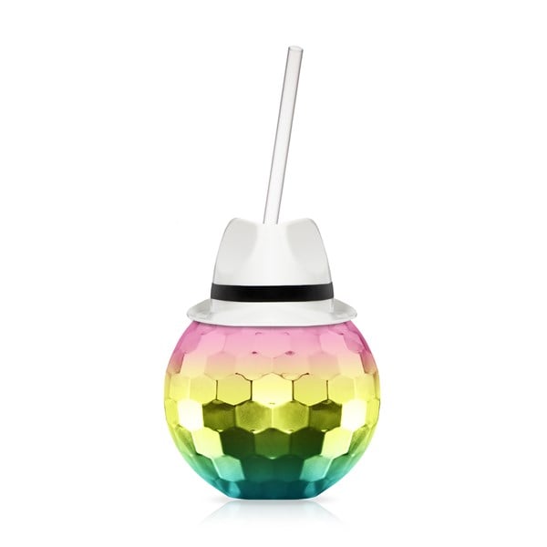 White Fedora Hat Rainbow Disco Ball Cup with Straw