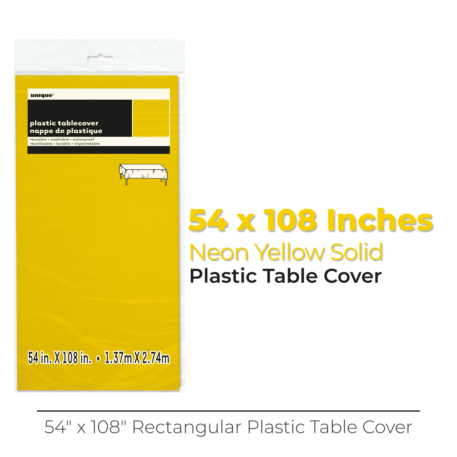 Neon Yellow Solid Rectangular Plastic Table Cover, 54" x 108"