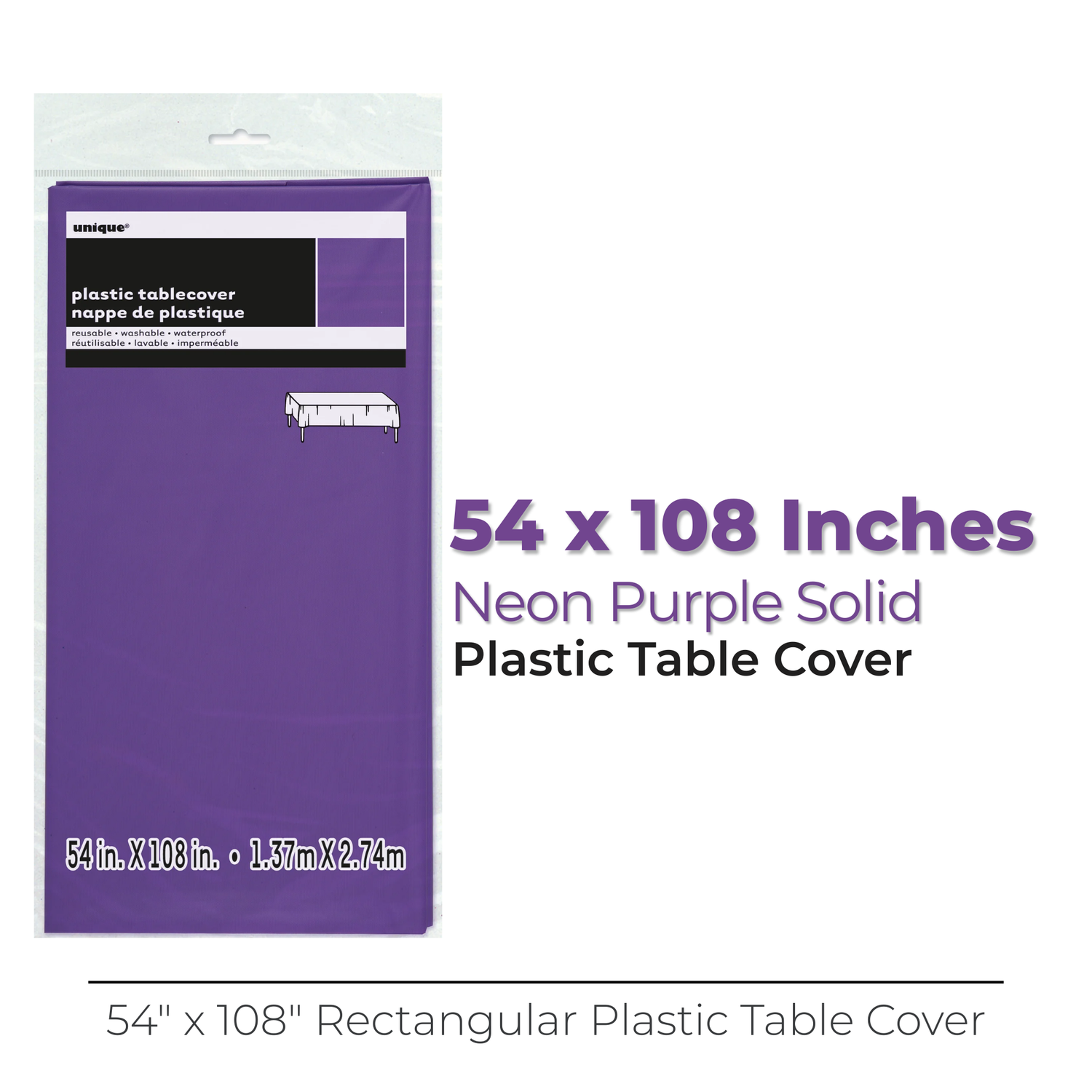 Neon Purple Solid Rectangular Plastic Table Cover, 54" x 108"