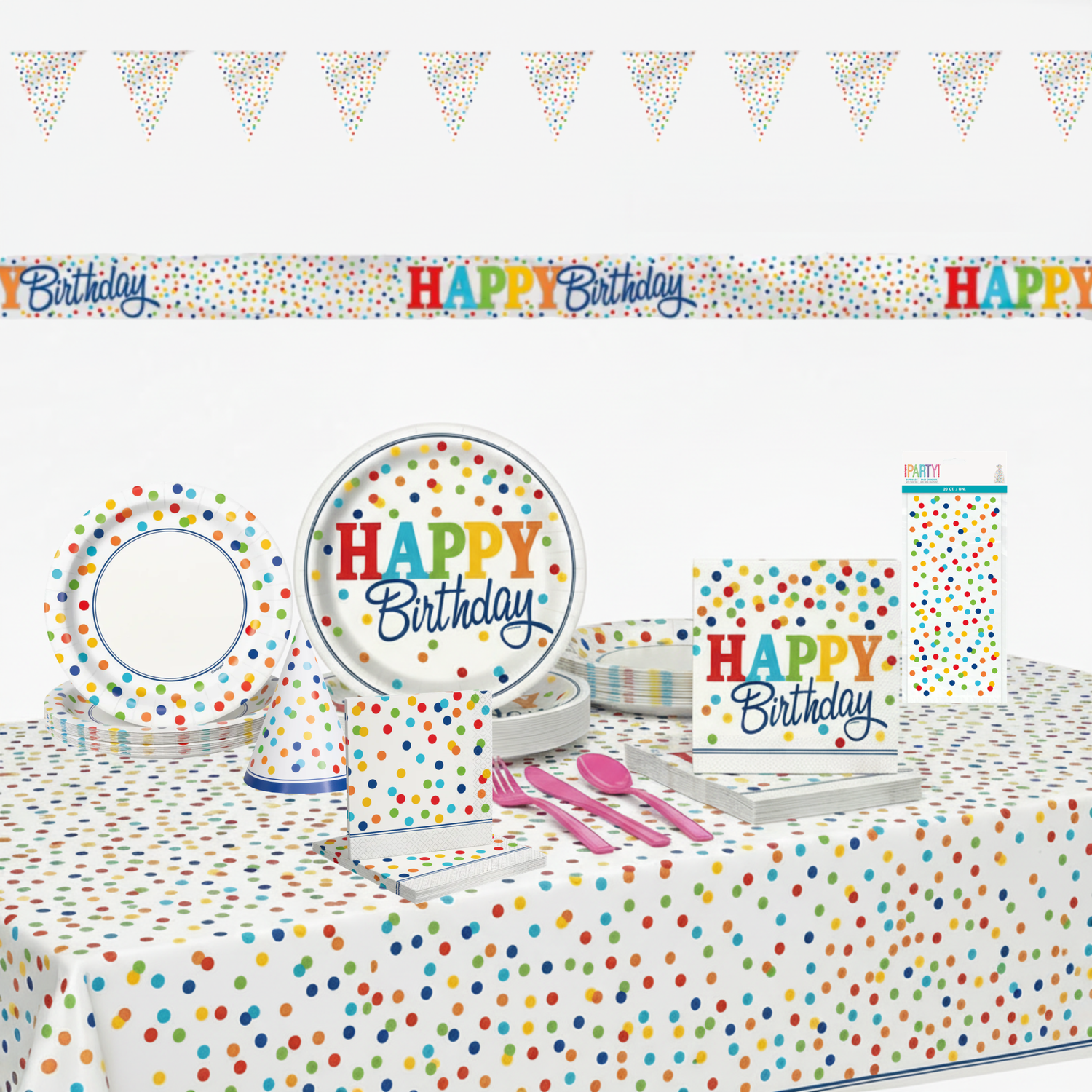 Rainbow Polka Dot Party Kit for 16 People - Deluxe