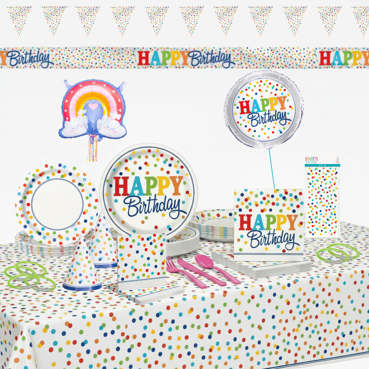 Rainbow Polka Dot Party Kit for 16 People - Ultimate