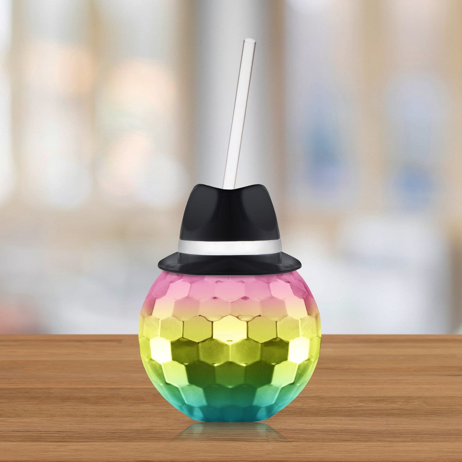 Black Fedora Hat Rainbow Disco Ball Cup with Straw