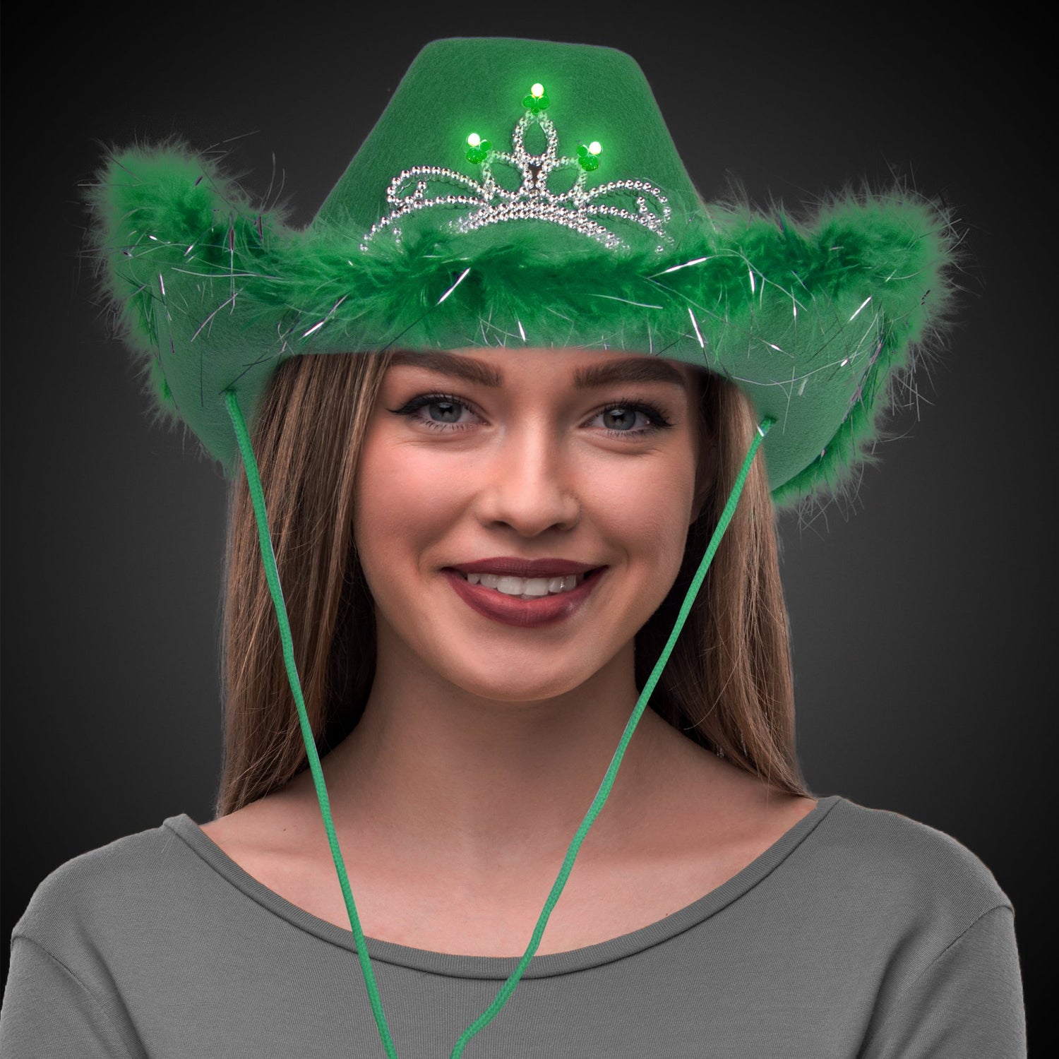 LED Green Cowboy Hat with Tiara